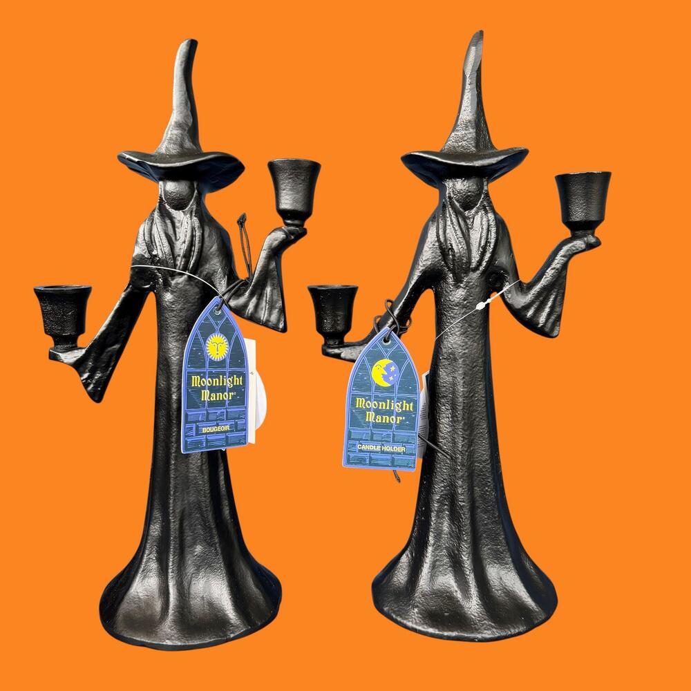 Moonlight Manor Witch Candle Holder Pair Black Metal Halloween Gothic Taper NWT